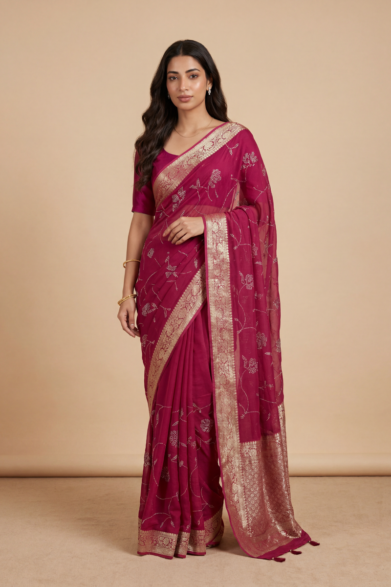 Banarasi Chinon Saree with Swarovski, Zari work.