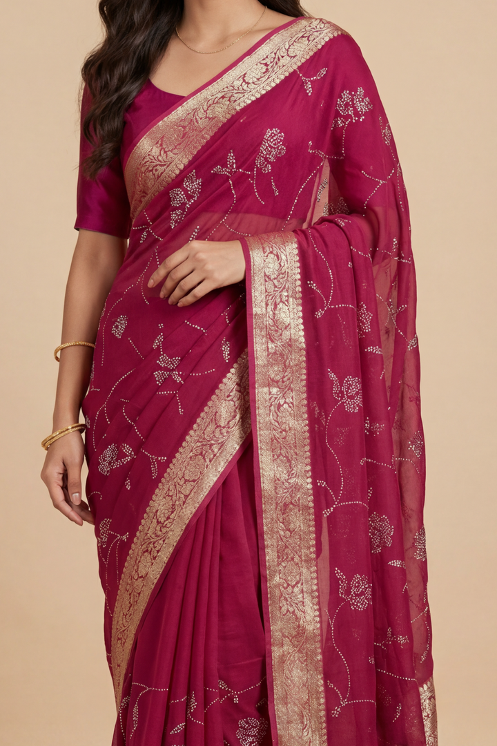 Banarasi Chinon Saree with Swarovski, Zari work.