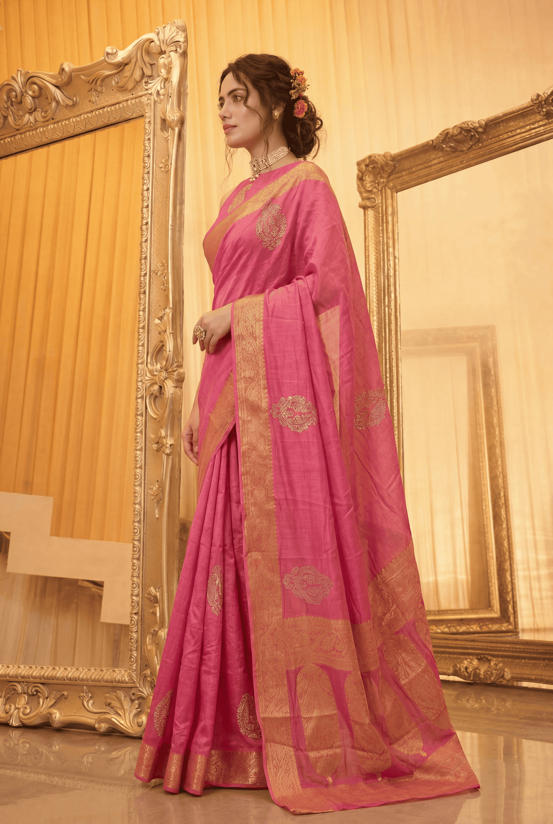 Banarasi Chinon Saree with Swarovski, Zari work.
