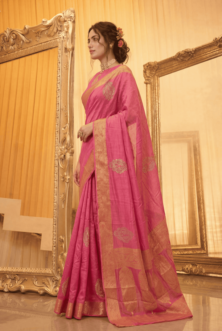 Banarasi Chinon Saree with Swarovski, Zari work.