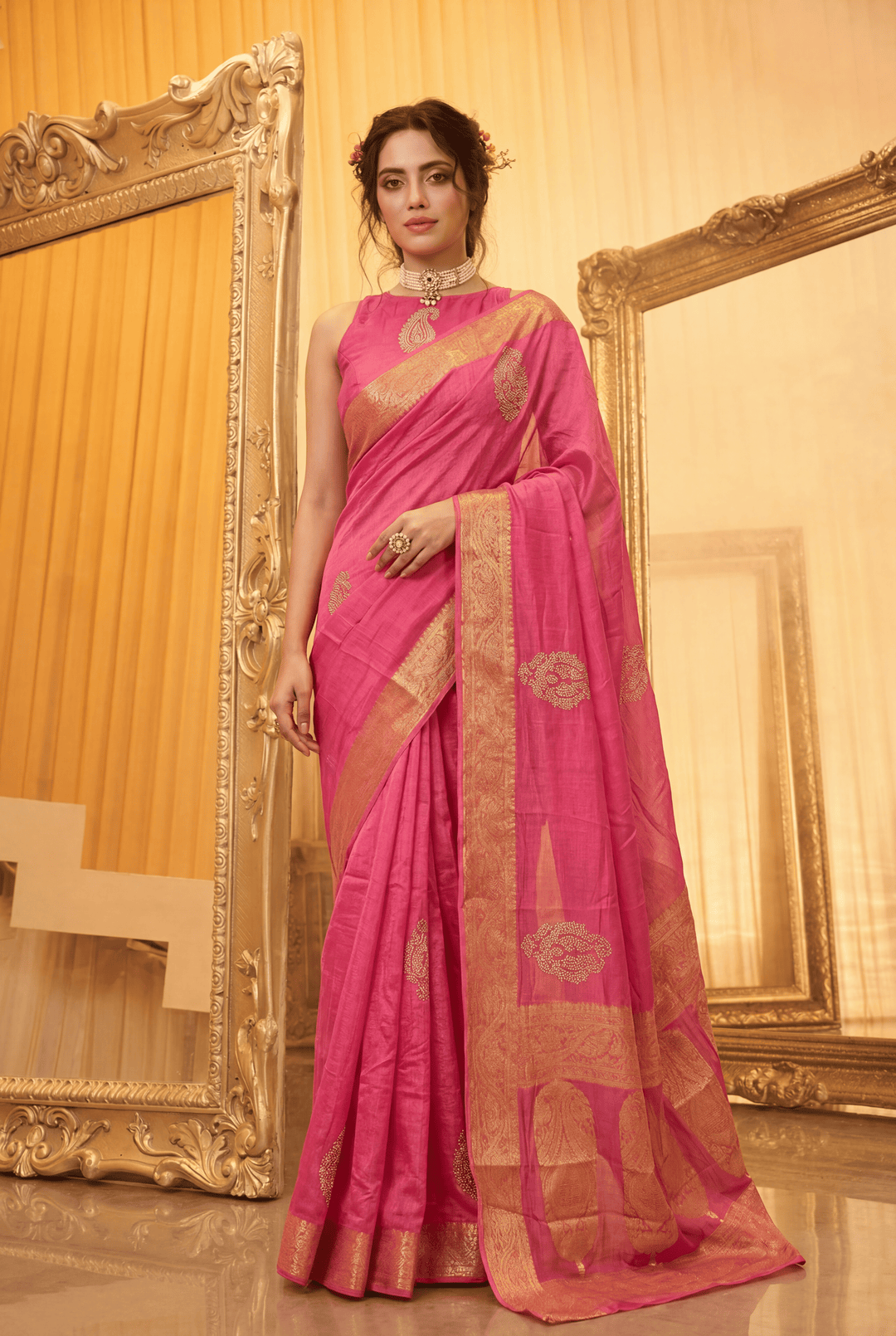 Banarasi Chinon Saree with Swarovski, Zari work.