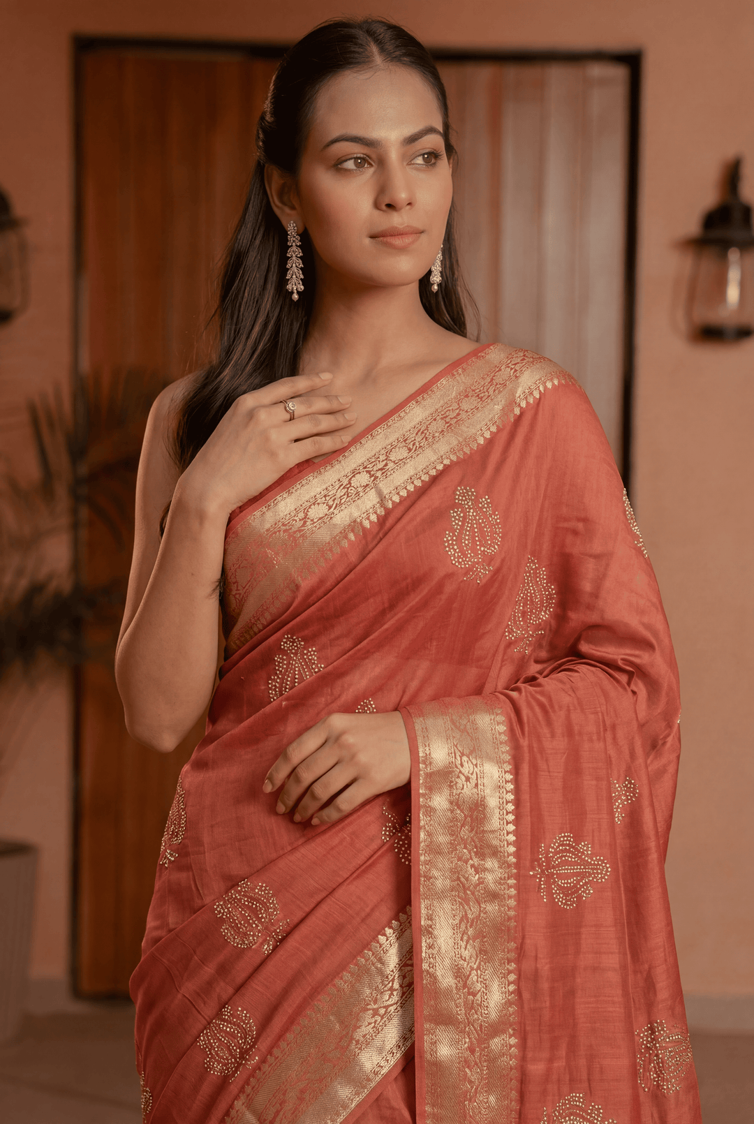 Banarasi Chinon Saree with Swarovski, Zari work.