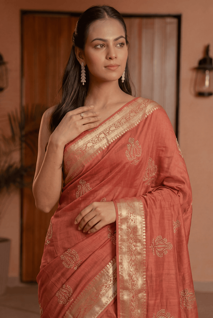 Banarasi Chinon Saree with Swarovski, Zari work.