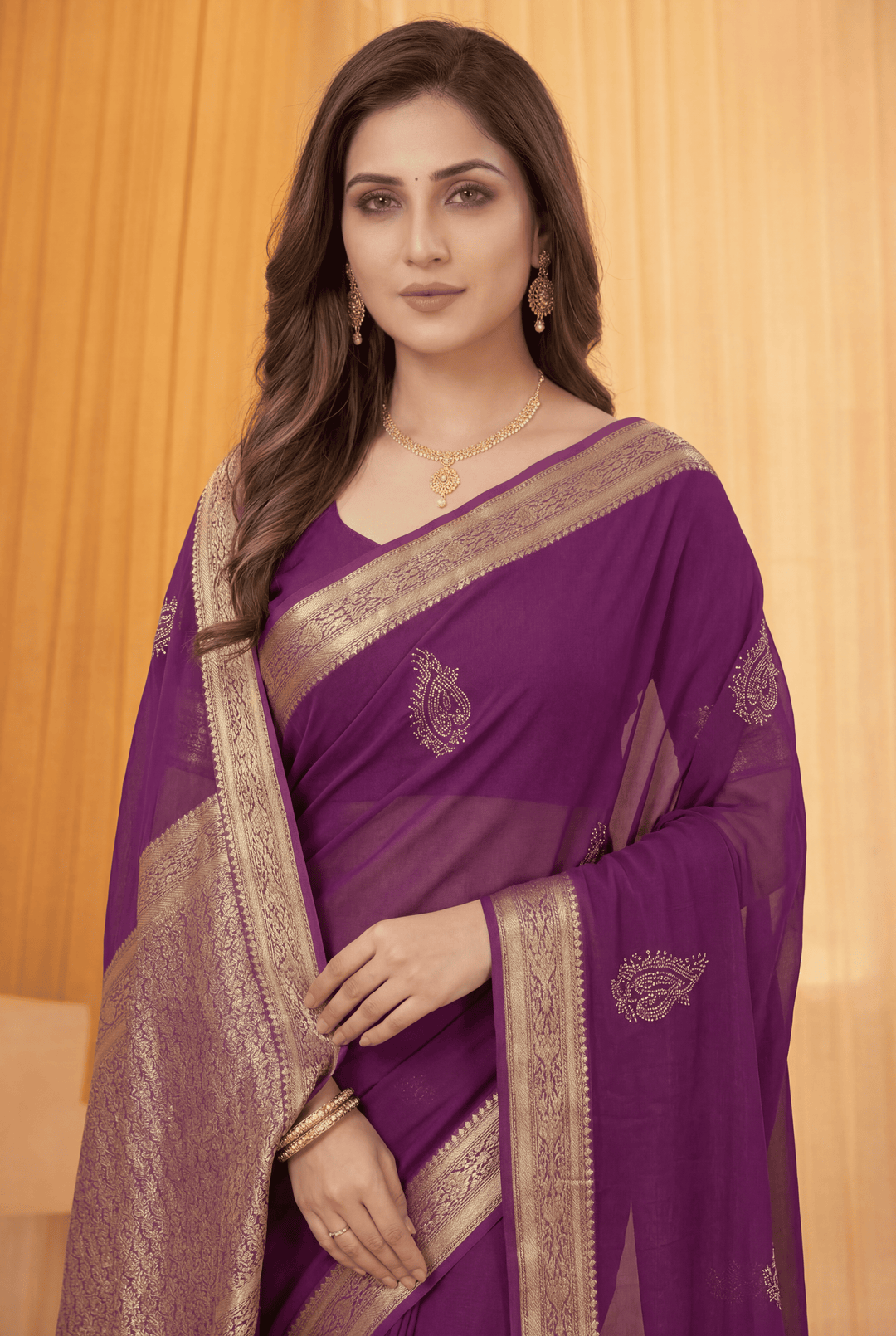 Banarasi Chinon Saree with Swarovski, Zari work.