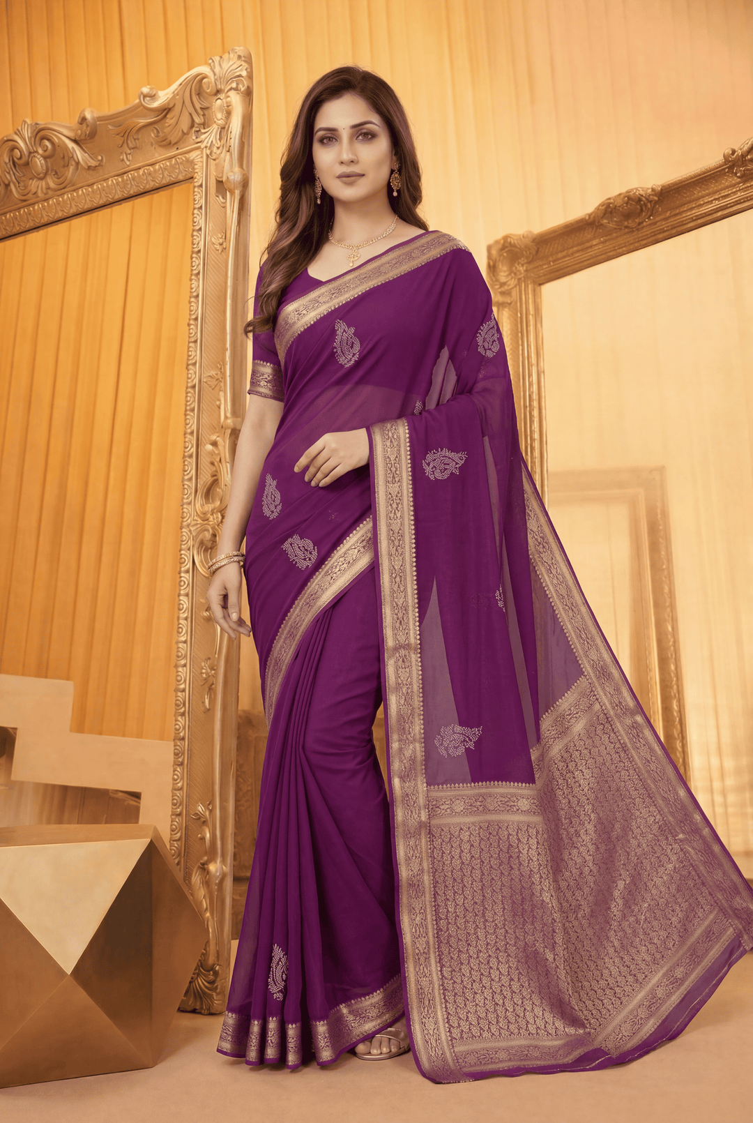 Banarasi Chinon Saree with Swarovski, Zari work.