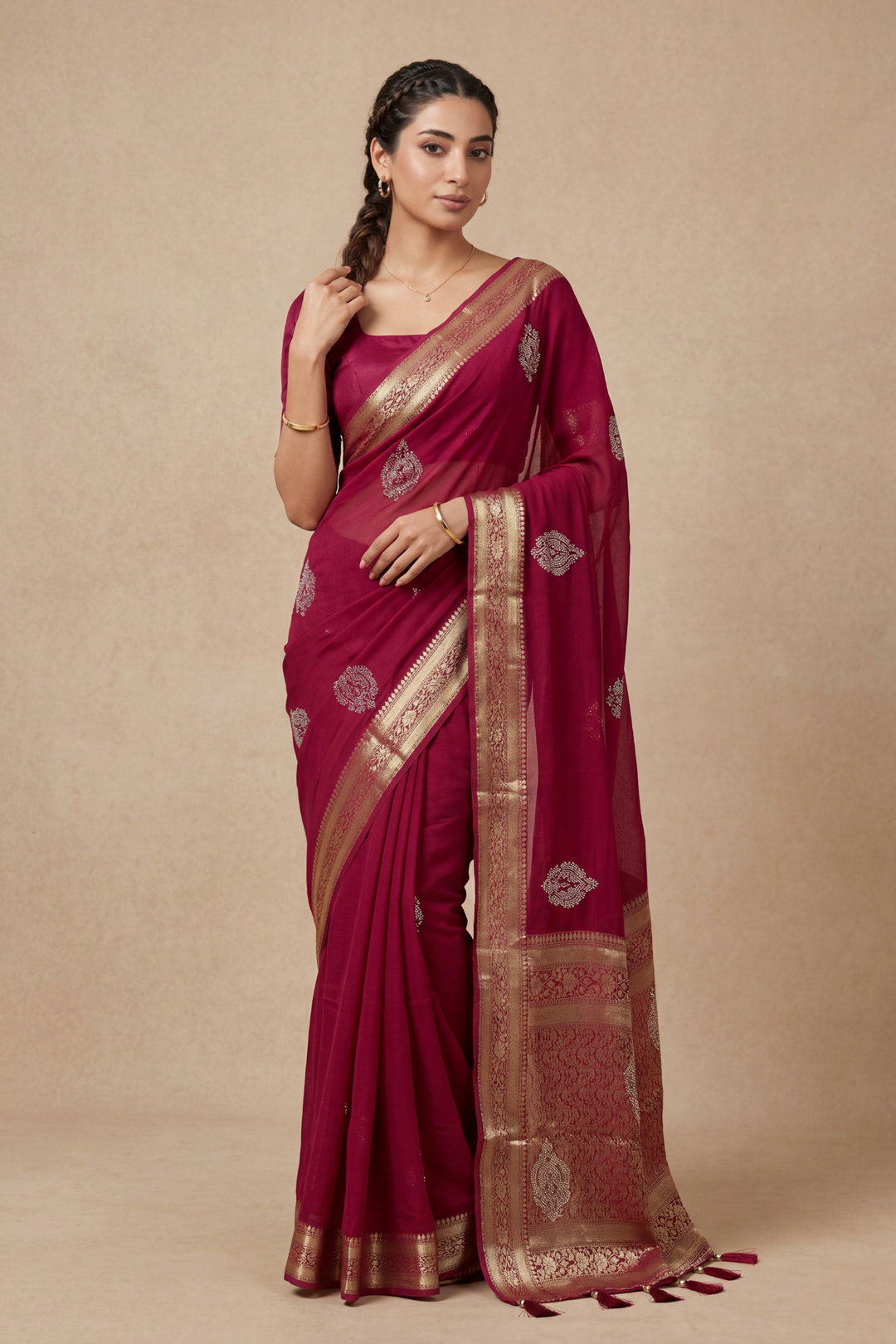 Banarasi Chinon Saree with Swarovski, Zari work.