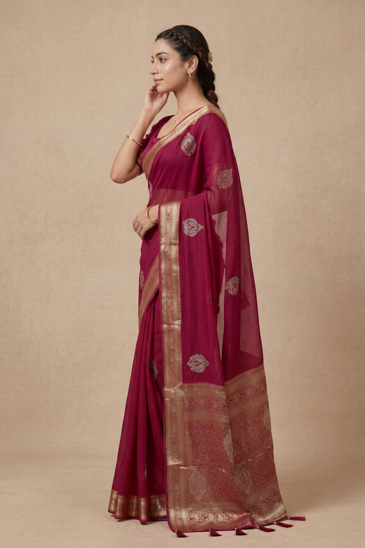 Banarasi Chinon Saree with Swarovski, Zari work.