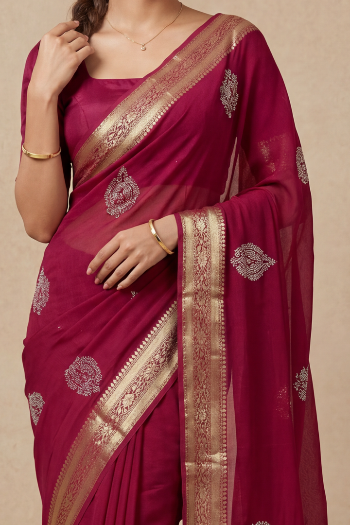Banarasi Chinon Saree with Swarovski, Zari work.