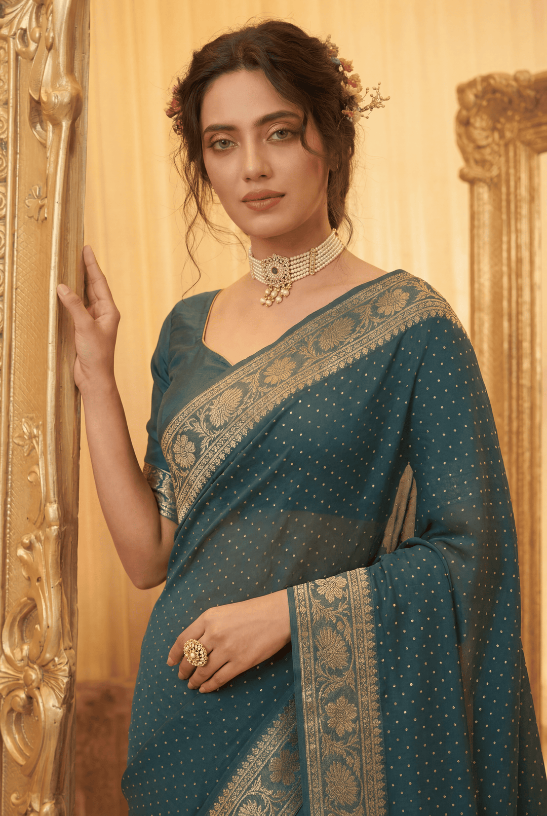 Banarasi Chinon Saree with Swarovski, Zari work.