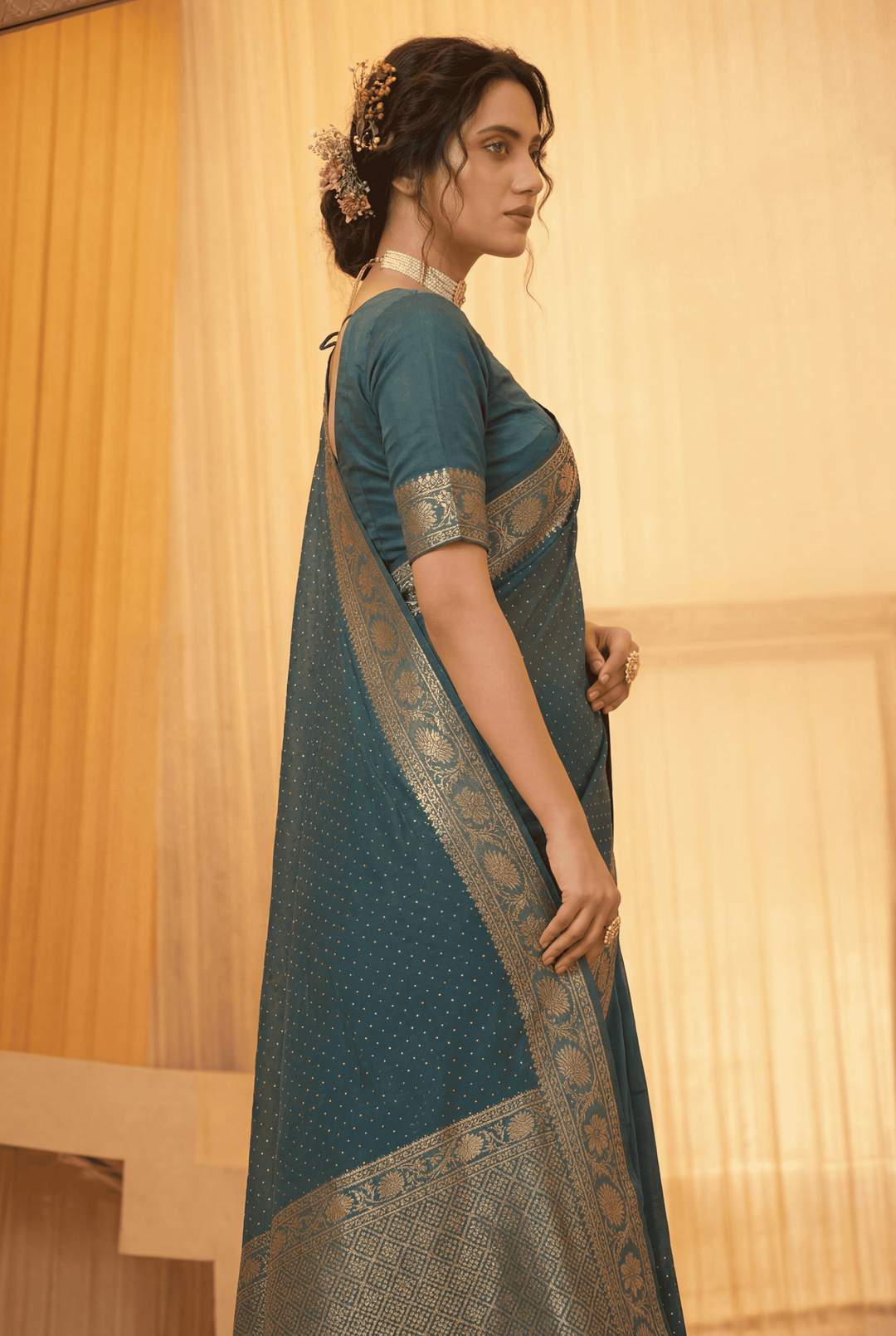 Banarasi Chinon Saree with Swarovski, Zari work.