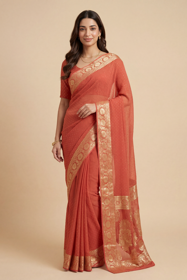 Banarasi Chinon Saree with Swarovski, Zari work.