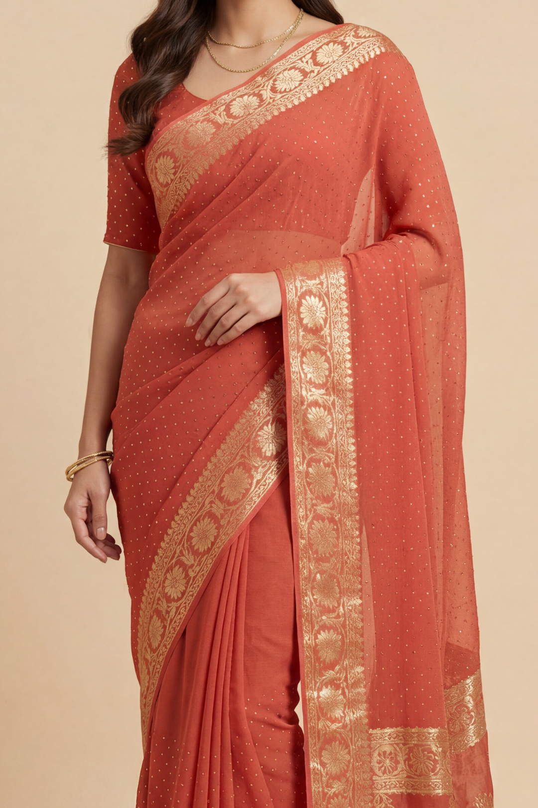 Banarasi Chinon Saree with Swarovski, Zari work.