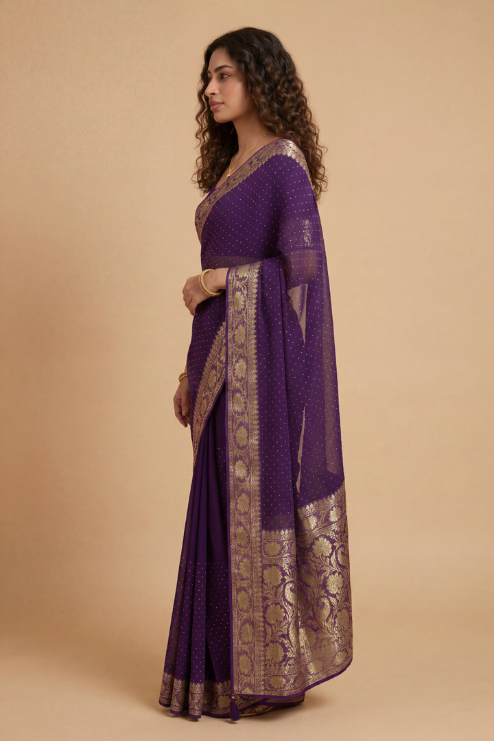 Banarasi Chinon Saree with Swarovski, Zari work.