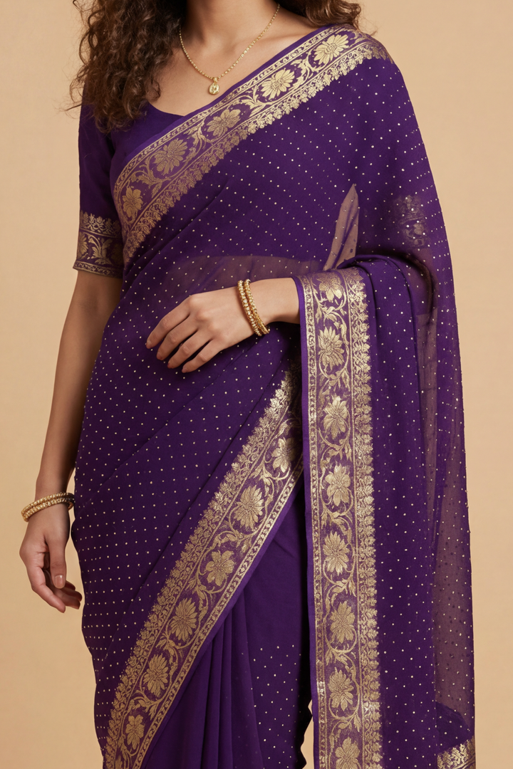 Banarasi Chinon Saree with Swarovski, Zari work.