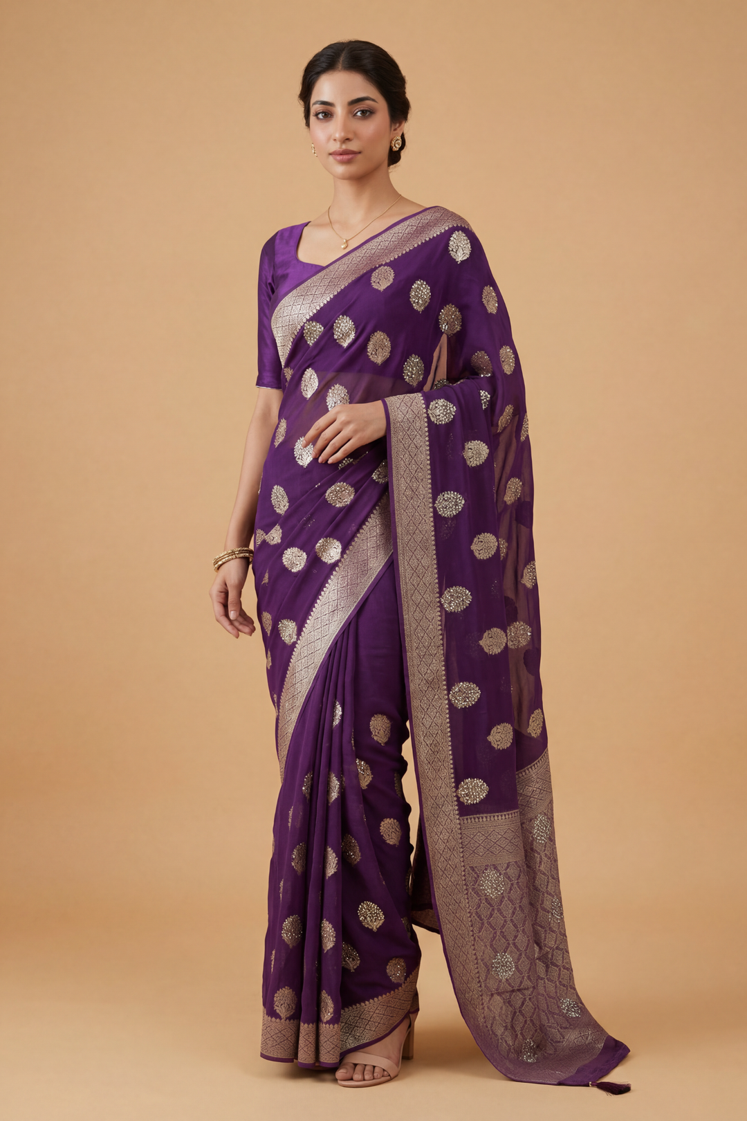 Banarasi Chinon Saree with Swarovski, Zari work.