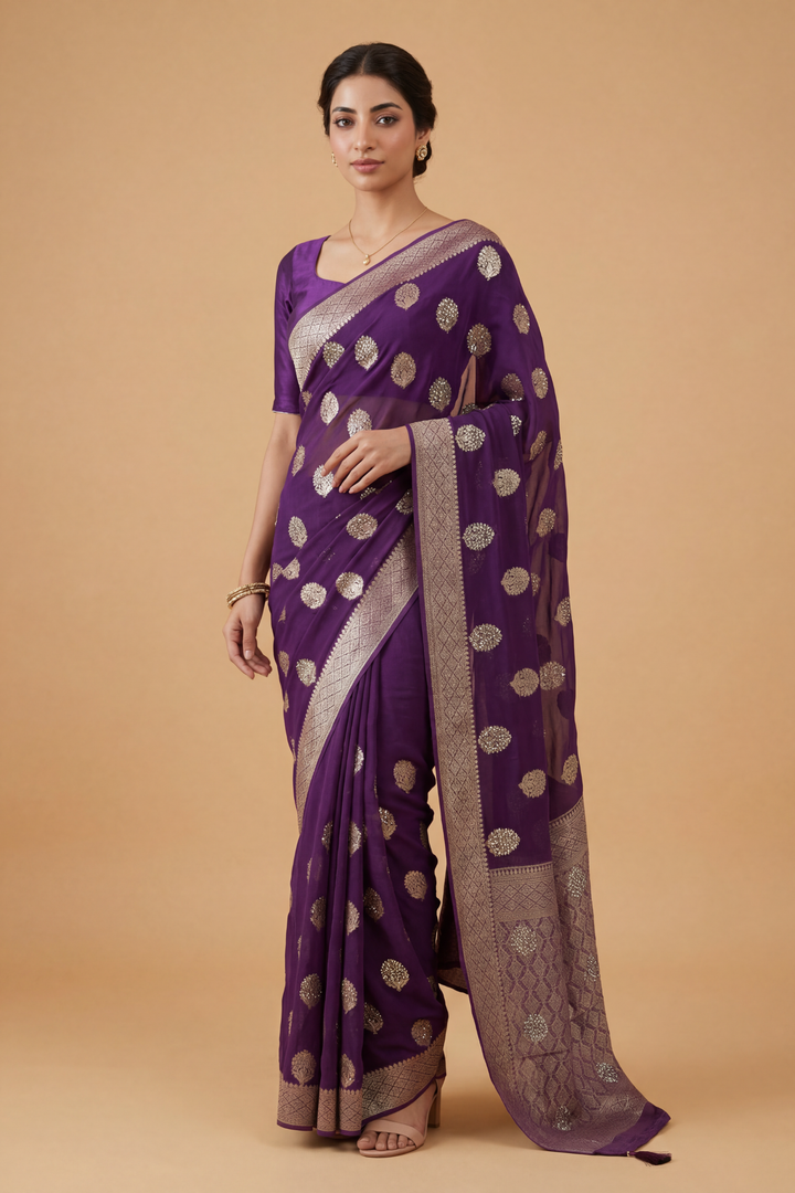 Banarasi Chinon Saree with Swarovski, Zari work.