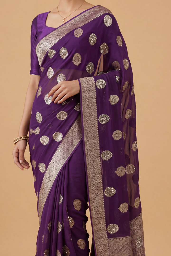 Banarasi Chinon Saree with Swarovski, Zari work.