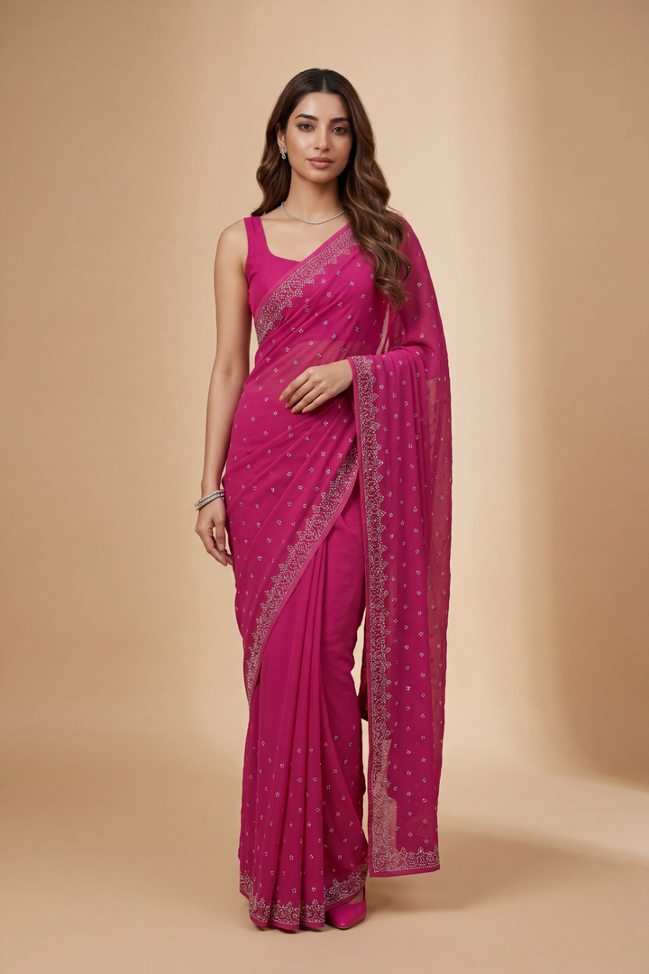 Banarasi Chinon Saree with Swarovski, Zari work.
