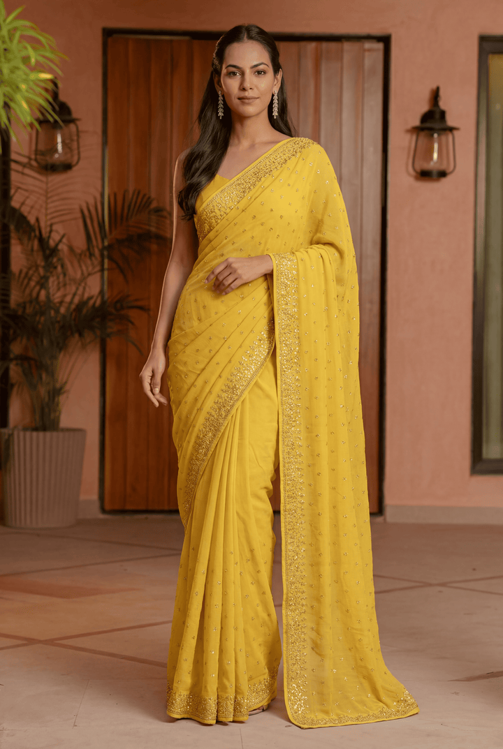 Banarasi Chinon Saree with Swarovski, Zari work.