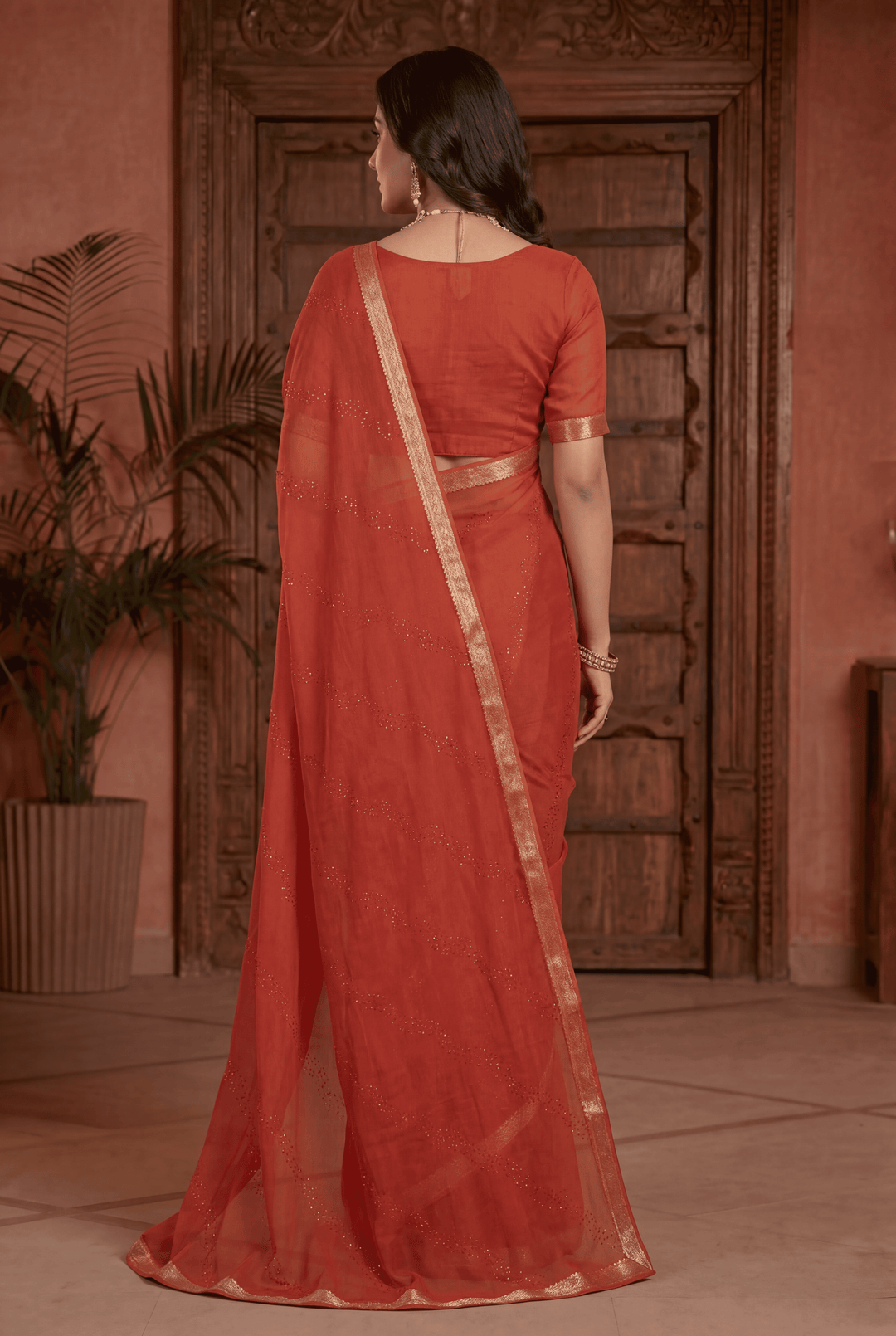 Banarasi Chinon Saree with Swarovski, zari work.