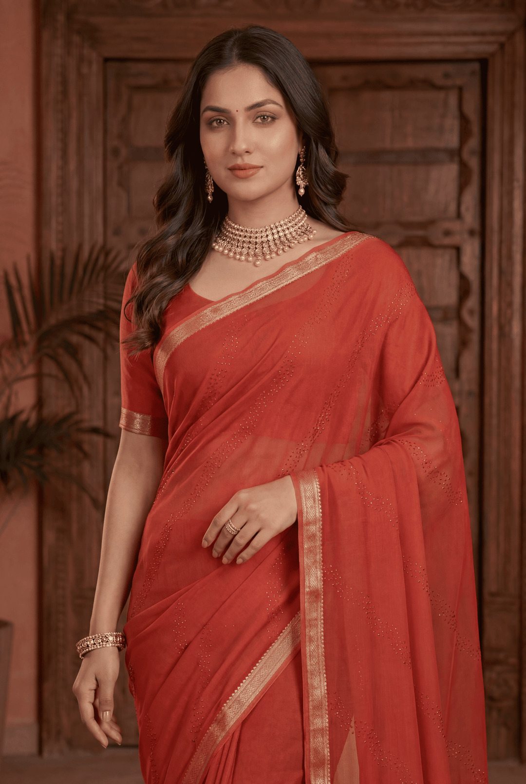 Banarasi Chinon Saree with Swarovski, zari work.