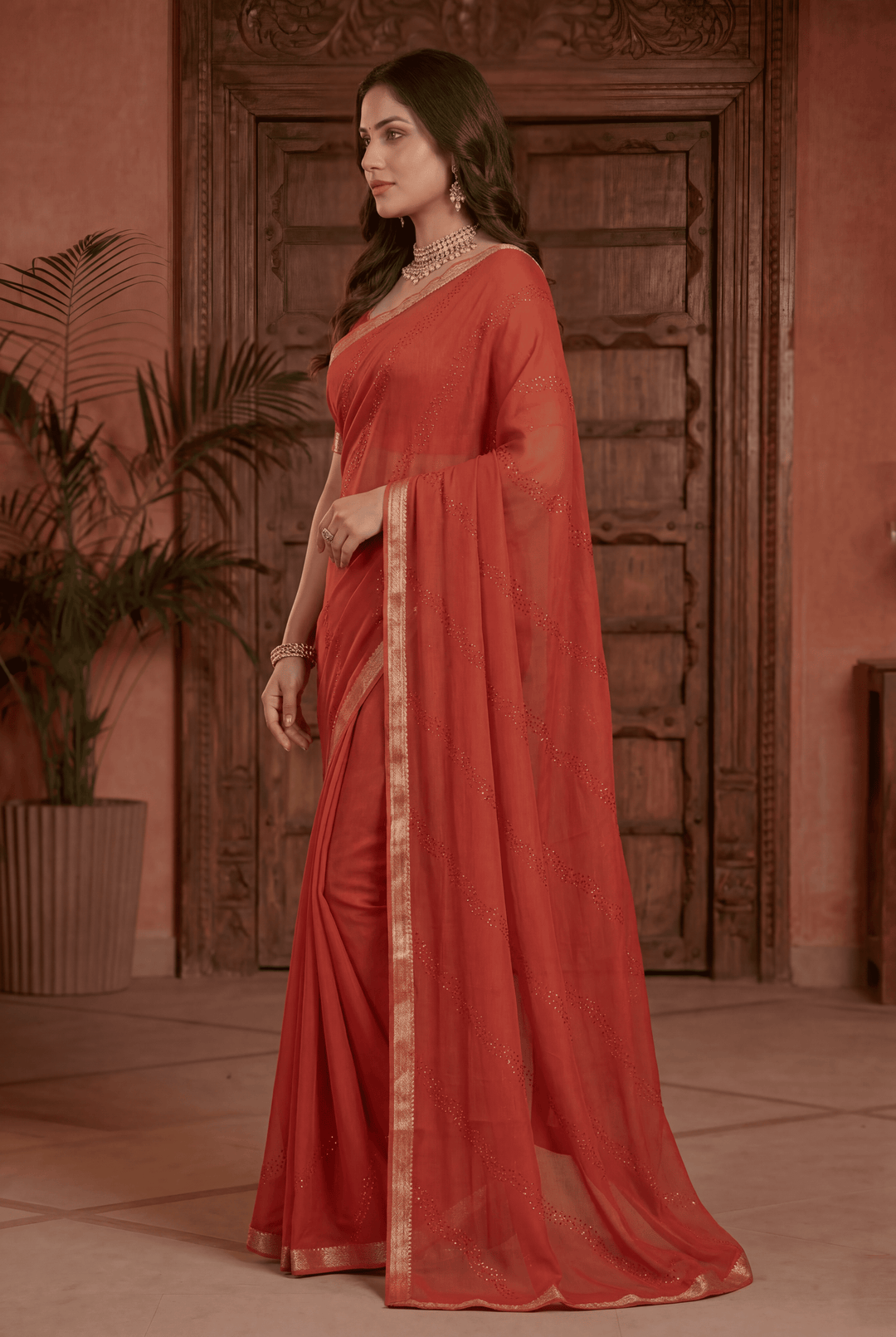 Banarasi Chinon Saree with Swarovski, zari work.