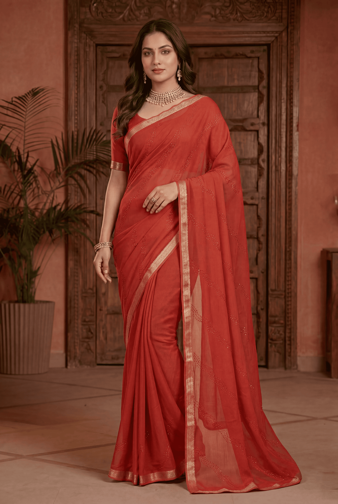 Banarasi Chinon Saree with Swarovski, zari work.