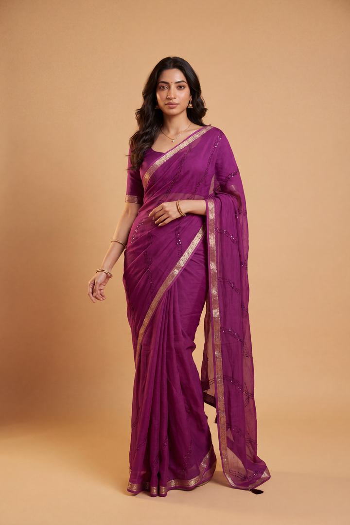 Banarasi Chinon Saree with Swarovski, Zari work.