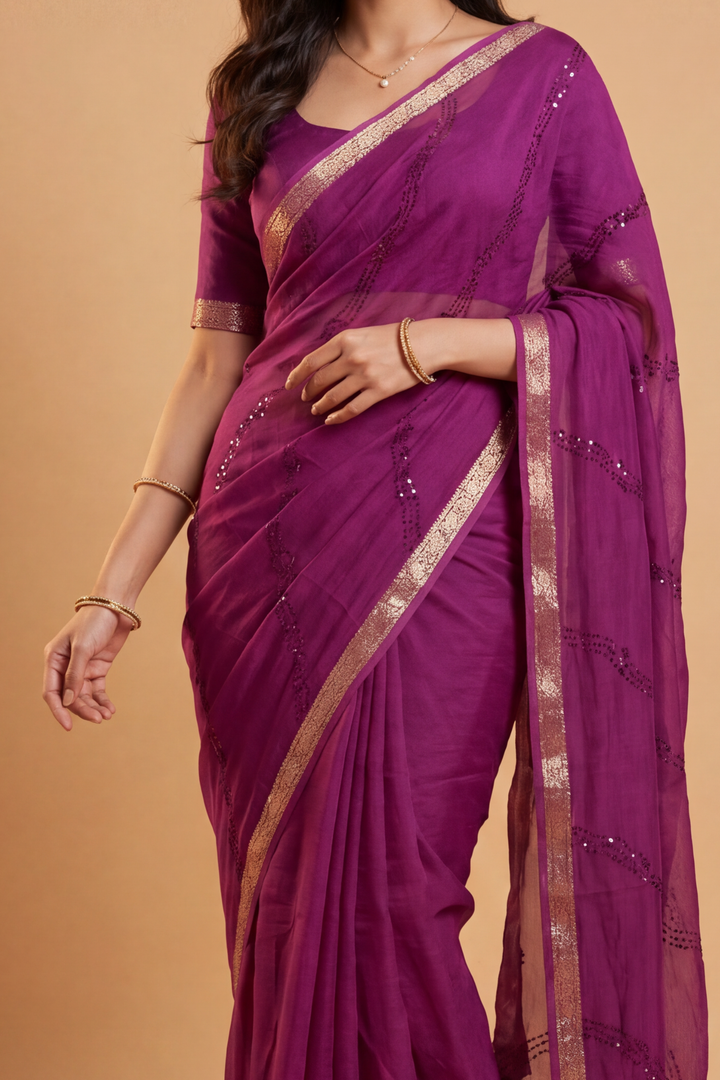 Banarasi Chinon Saree with Swarovski, Zari work.