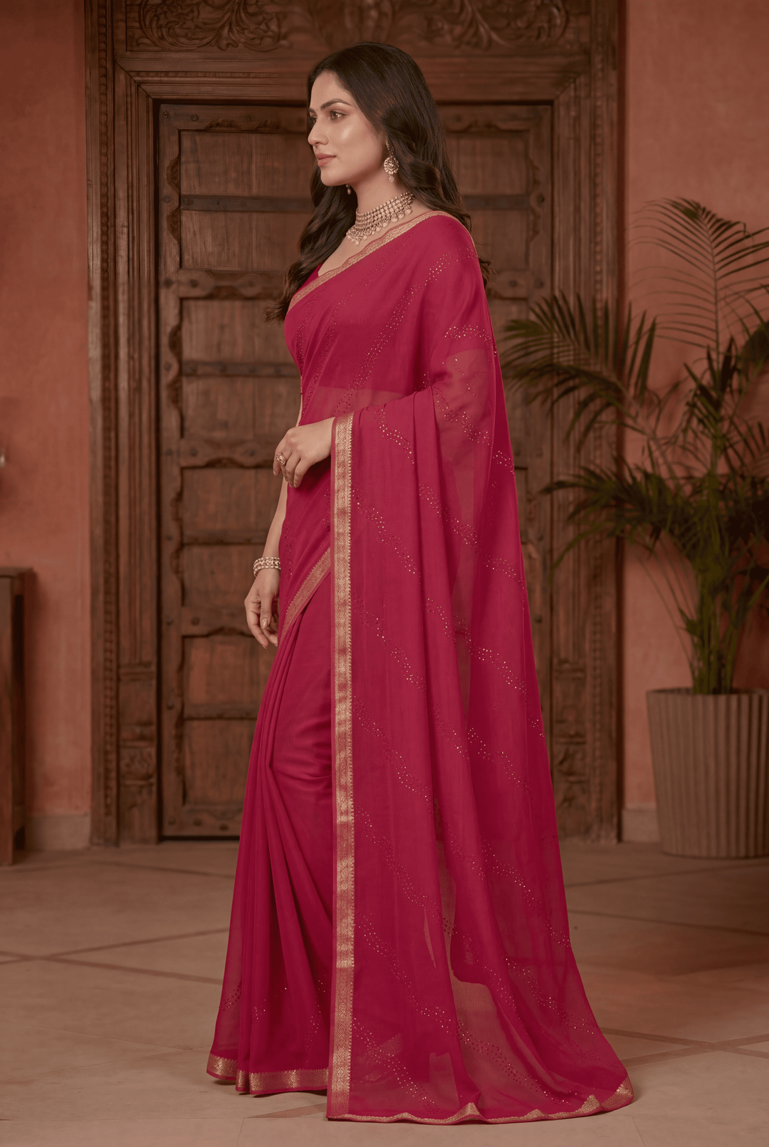 Banarasi Chinon Saree with Swarovski, Zari work.