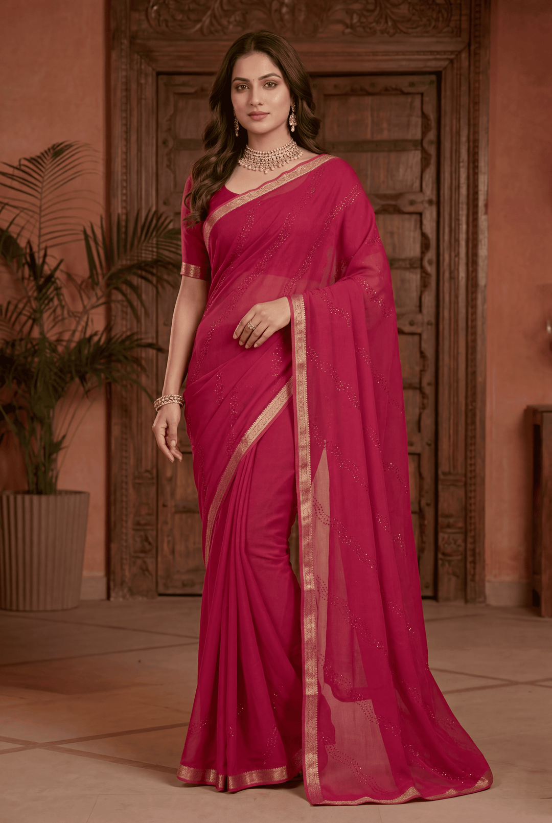 Banarasi Chinon Saree with Swarovski, Zari work.