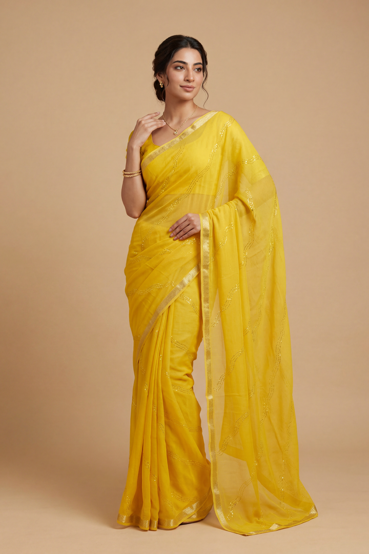 Banarasi Chinon Saree with Swarovski, Zari work.