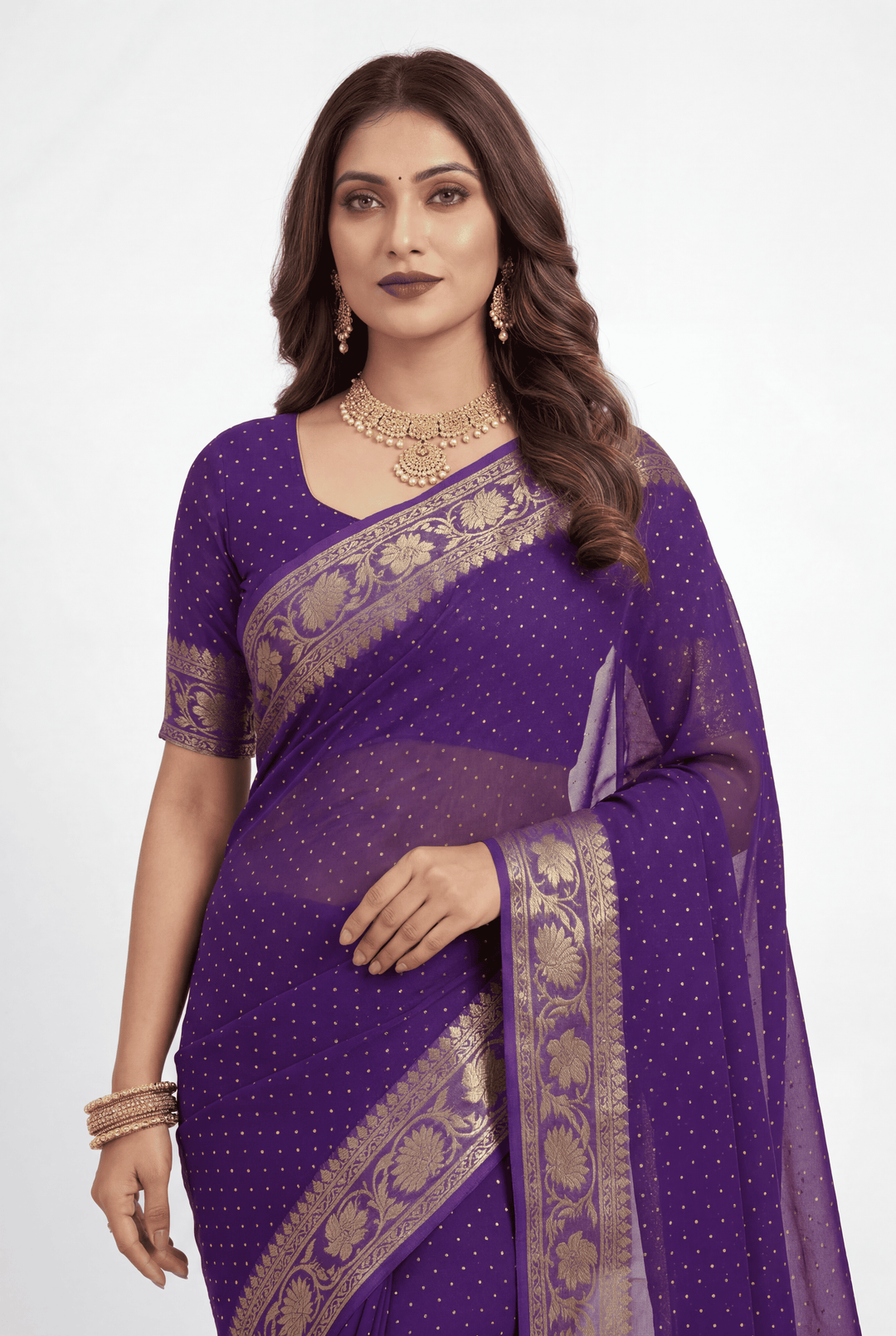 Banarasi Chinon Saree with Swarovski, Zari work.