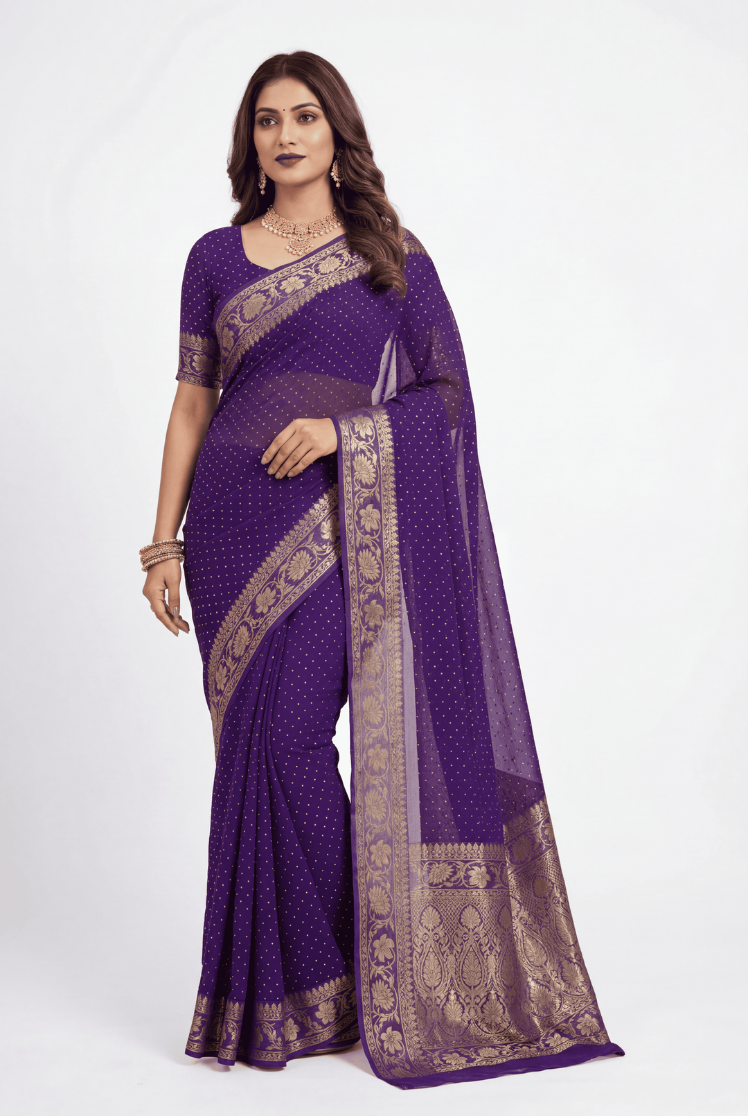 Banarasi Chinon Saree with Swarovski, Zari work.