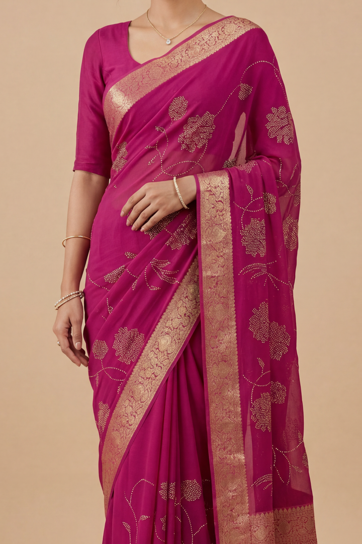 Banarasi Chinon Saree with Swarovski, Zari work.
