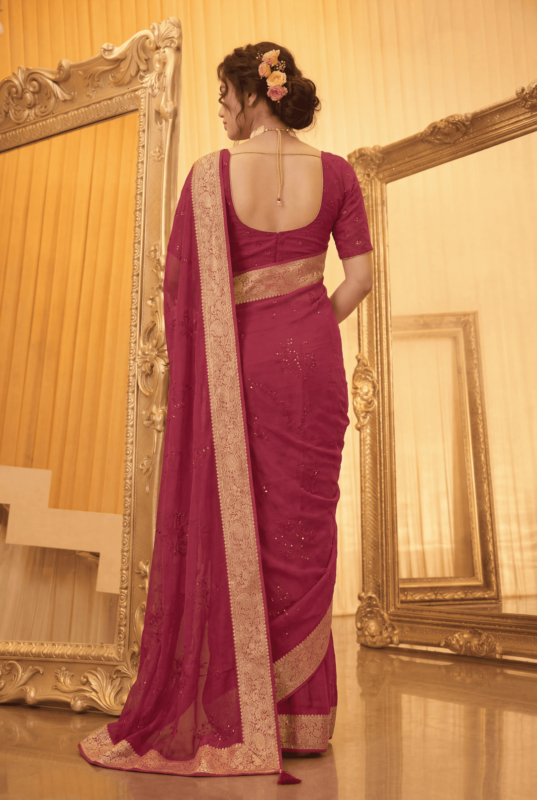 Banarasi Chinon Saree with Swarovski, Zari work.