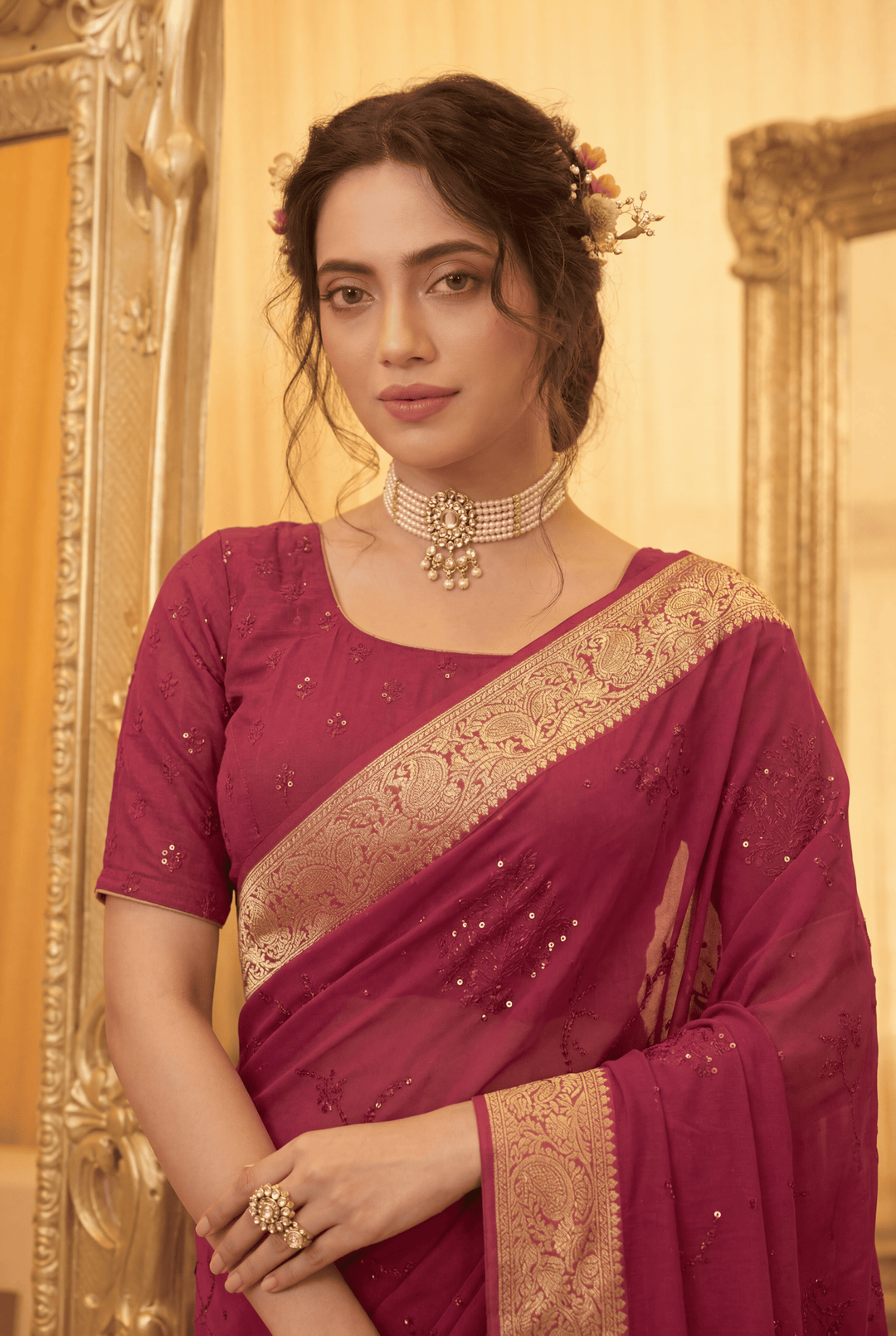 Banarasi Chinon Saree with Swarovski, Zari work.