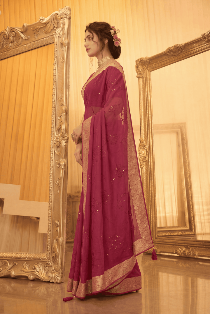 Banarasi Chinon Saree with Swarovski, Zari work.