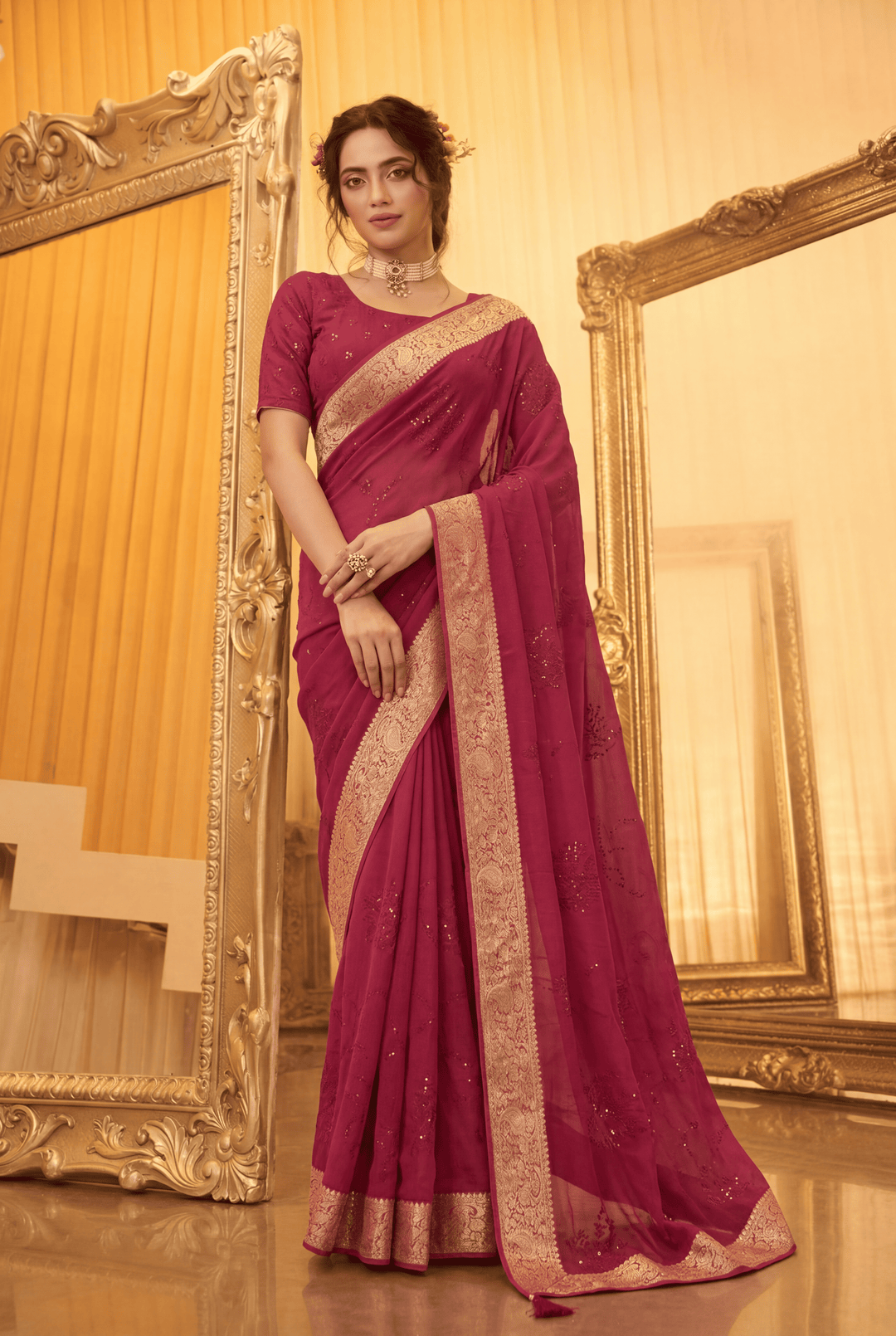 Banarasi Chinon Saree with Swarovski, Zari work.
