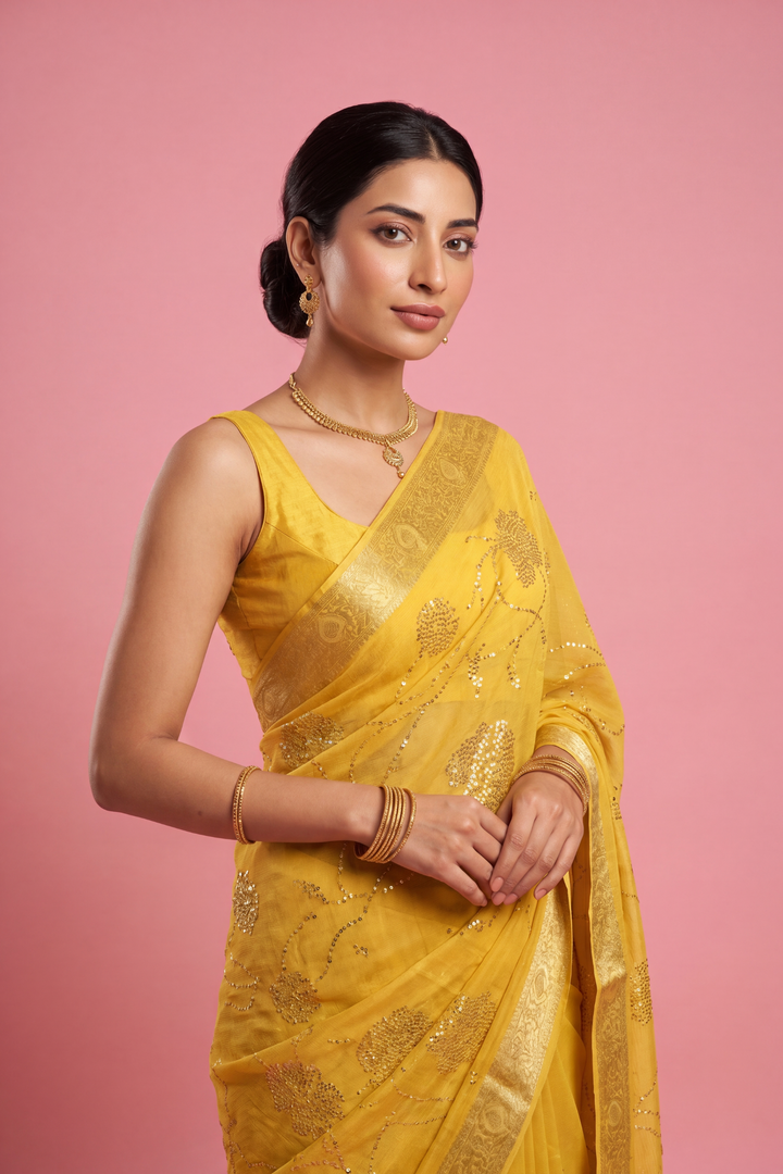 Banarasi Chinon Saree with Swarovski, Zari work.