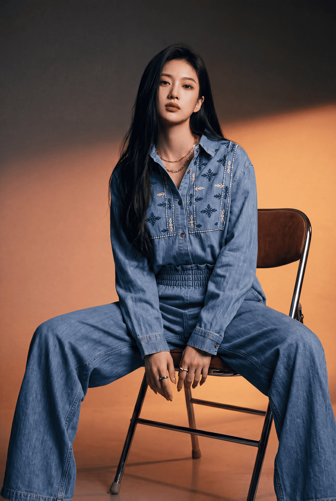 Dark Blue Denim Embroidered Co-Ord Set & Relaxed Fit Shirt with Wide-Leg Pant
