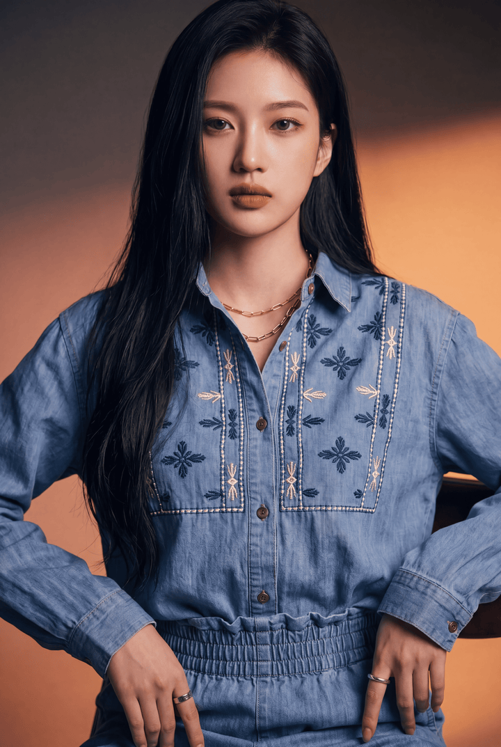 Dark Blue Denim Embroidered Co-Ord Set & Relaxed Fit Shirt with Wide-Leg Pant