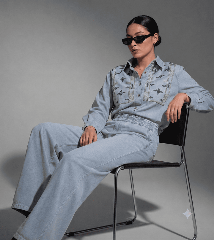 Light Blue Denim Embroidered Co-Ord Set with Denim Shirt & Wide-Leg Pant