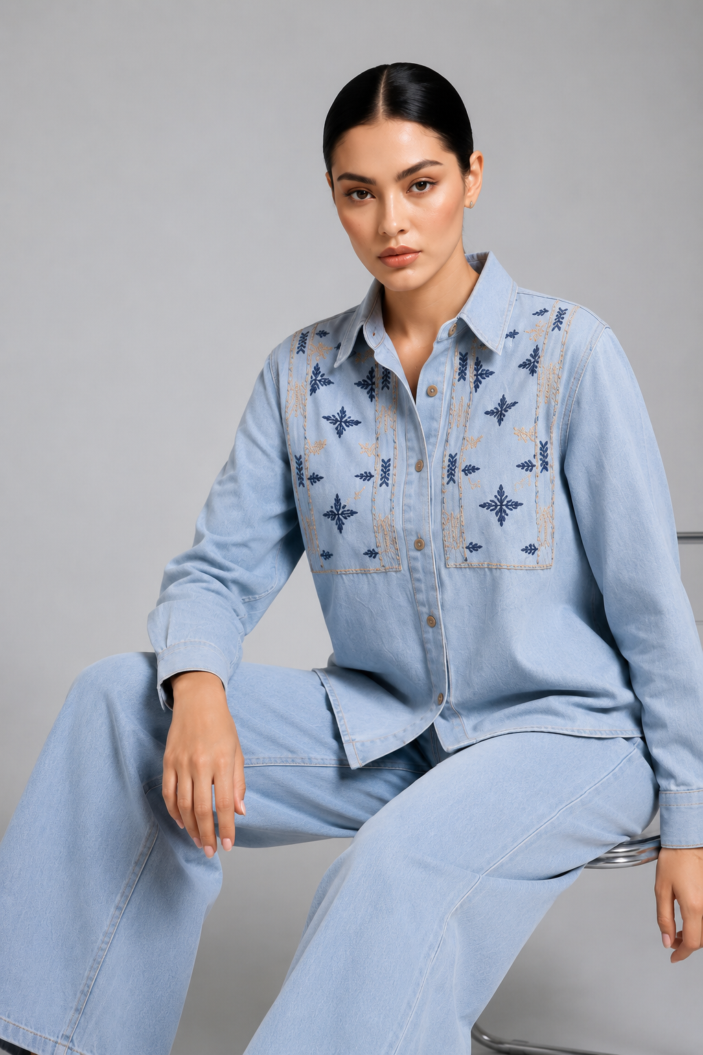 Light Blue Denim Embroidered Co-Ord Set with Denim Shirt & Wide-Leg Pant