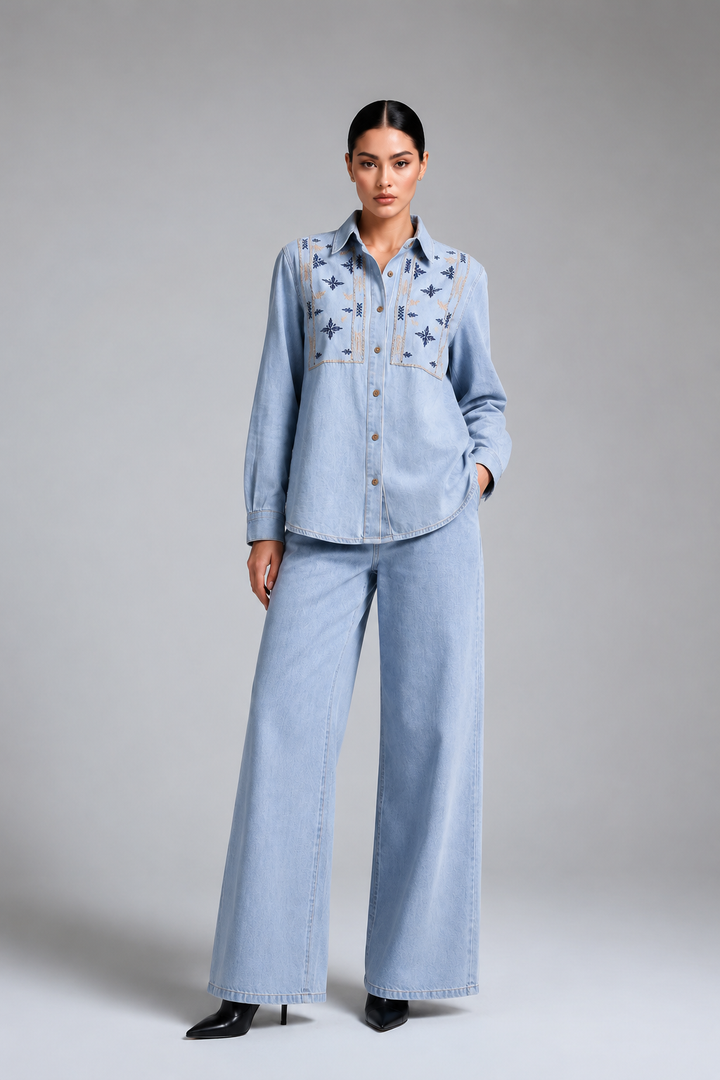 Light Blue Denim Embroidered Co-Ord Set with Denim Shirt & Wide-Leg Pant