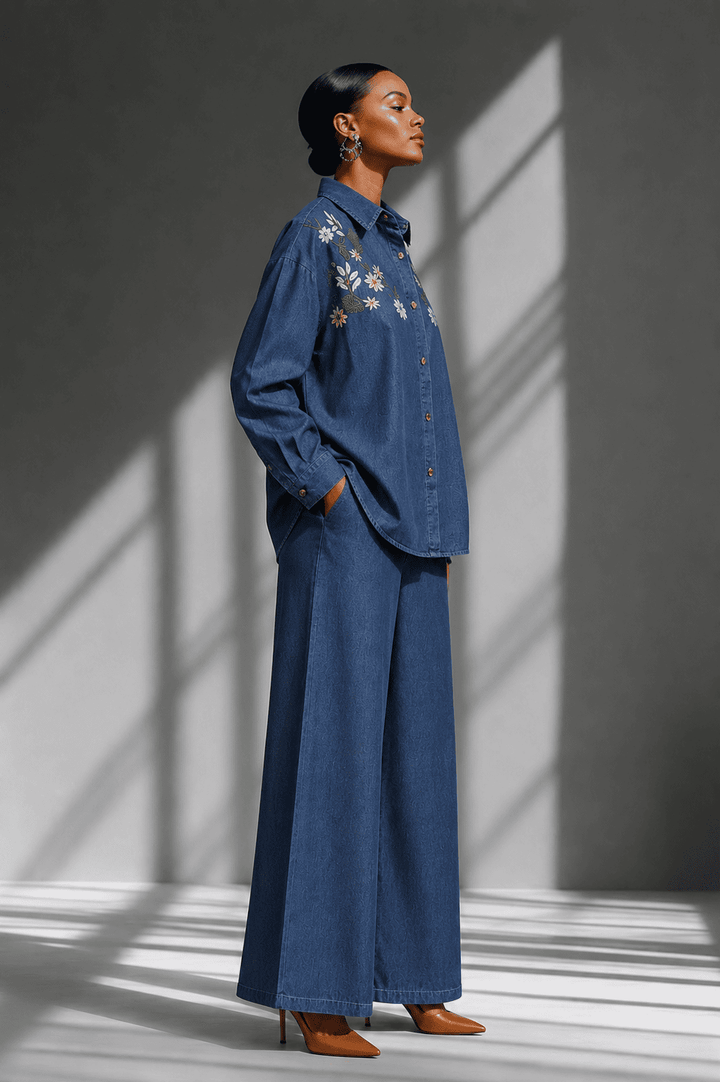Dark Blue Floral Embroidered Denim Co-Ord Set with Shirt & Wide-Leg Pant