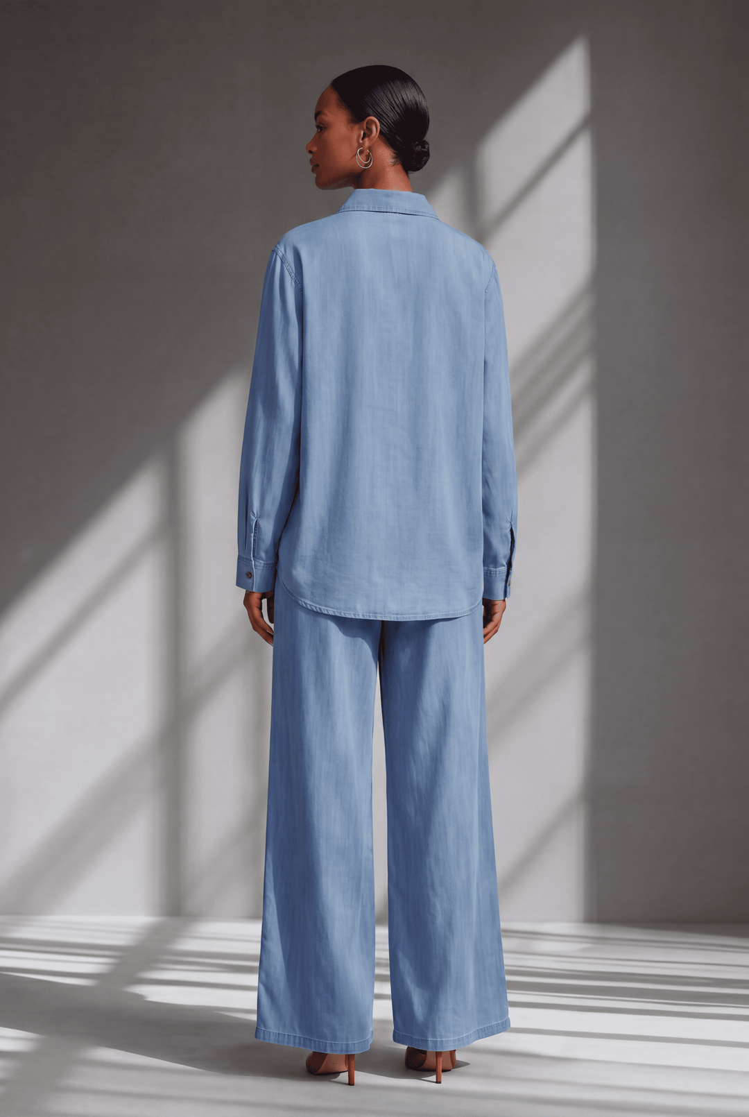 Light Blue Floral Embroidered Denim Co-Ord Set with Shirt & Wide-Leg Pant