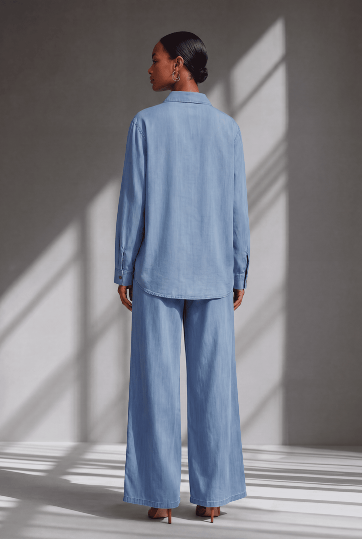Light Blue Floral Embroidered Denim Co-Ord Set with Shirt & Wide-Leg Pant