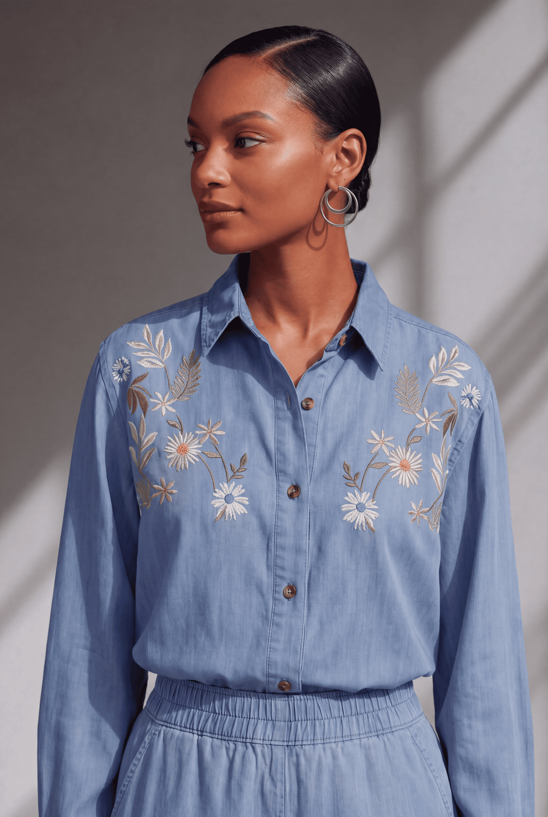 Light Blue Floral Embroidered Denim Co-Ord Set with Shirt & Wide-Leg Pant