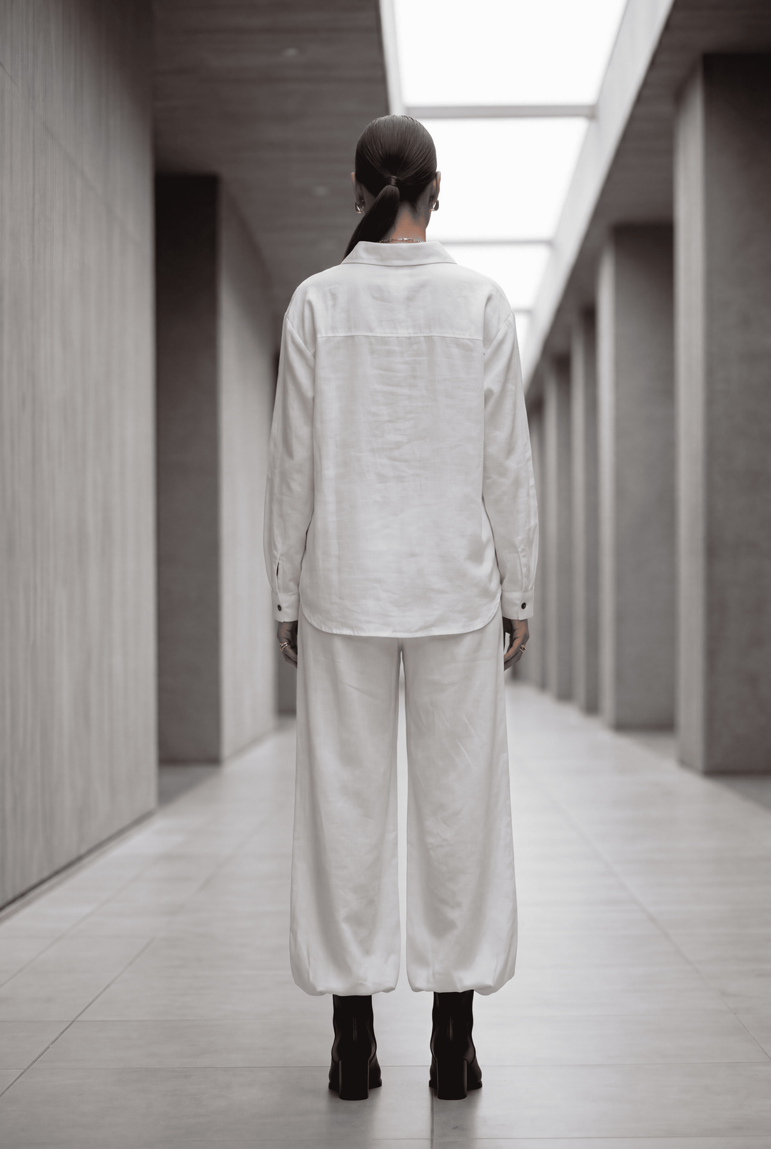 White Embroidered Denim Shirt & Wide-Leg Pant Co-Ord Set
